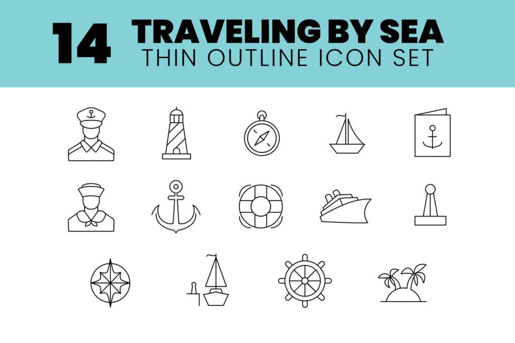 sea traveling pixel perfect outline icon set Stock Free