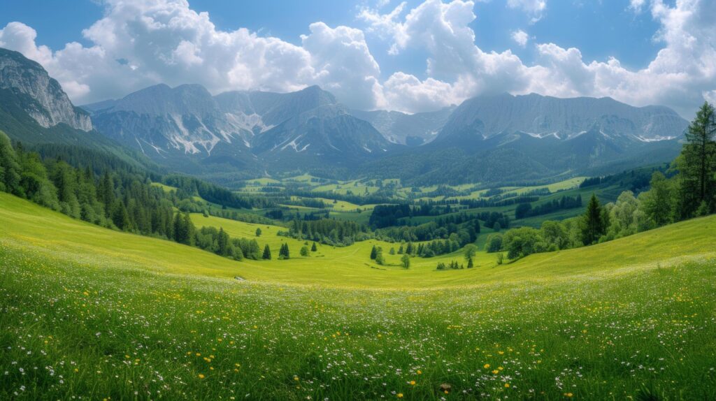 AI generated Beautiful photo with endless alpine green meadows and mountains in the background Stock Free