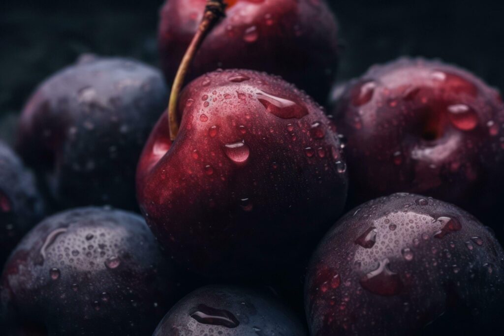 a bunch of plums with water droplets on them AI Generative Free Photo