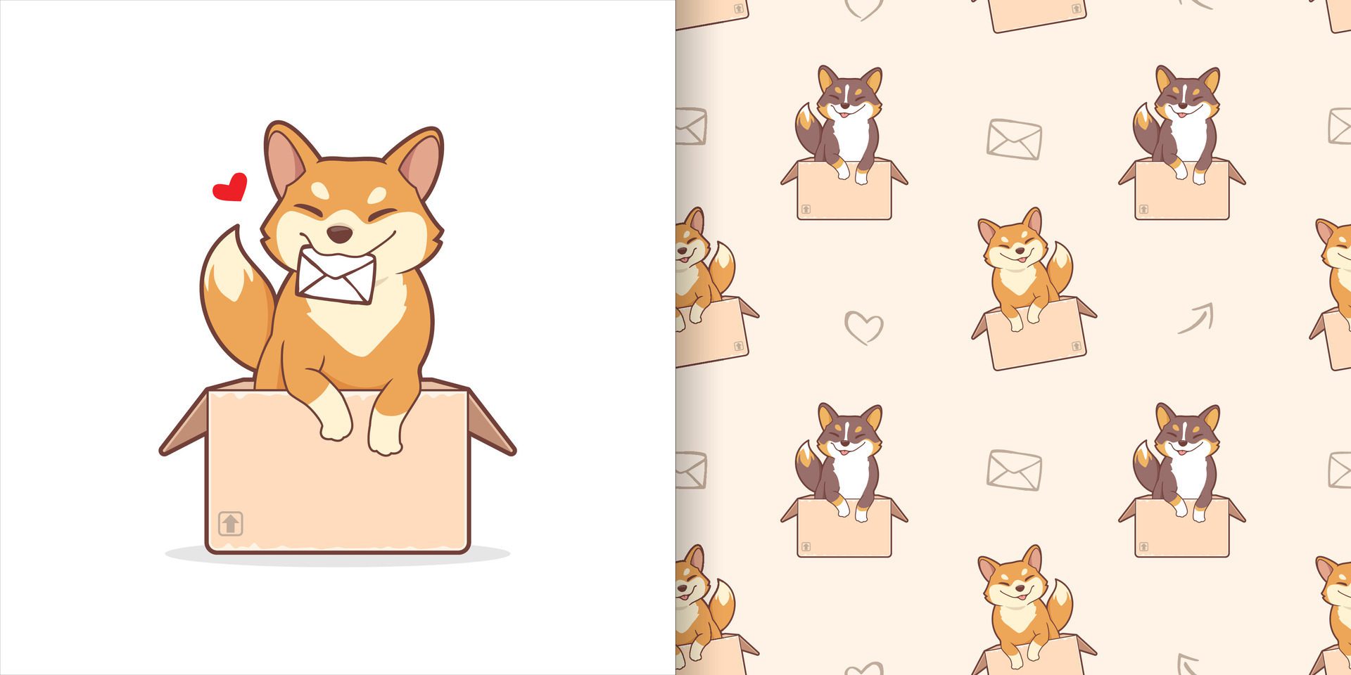 Cute corgis in the cardbox seamless pattern Free Vector