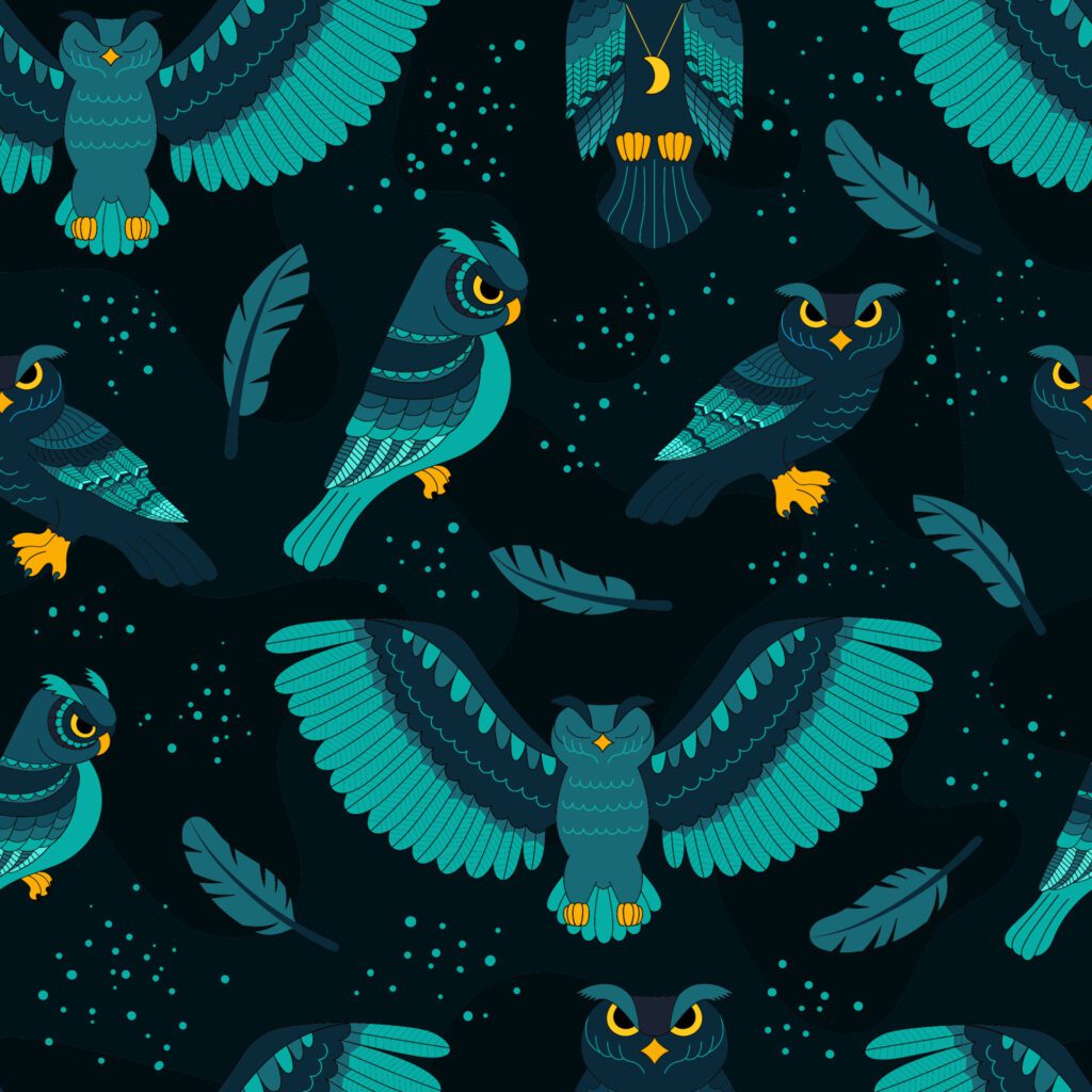 Seamless pattern with blue with blue owls, wild birds. Print for textiles and packaging. Vector cartoon illustration. Free Vector