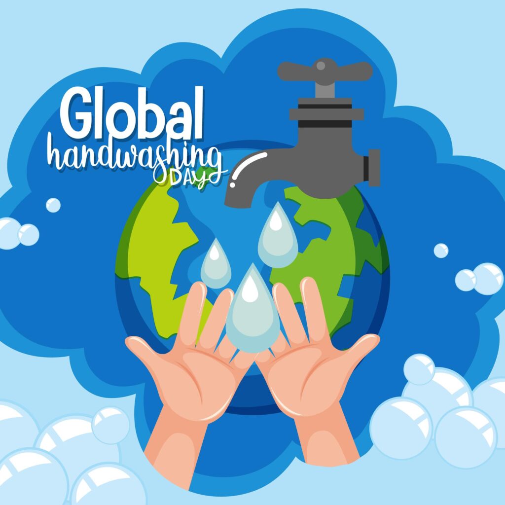 Global Hand washing Day logo with water from tap and globe background Stock Free