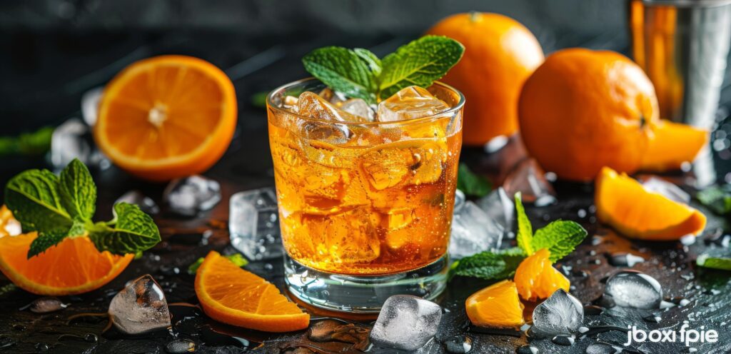 Refreshing Orange Drink With Ice and Mint on Black Background Stock Free