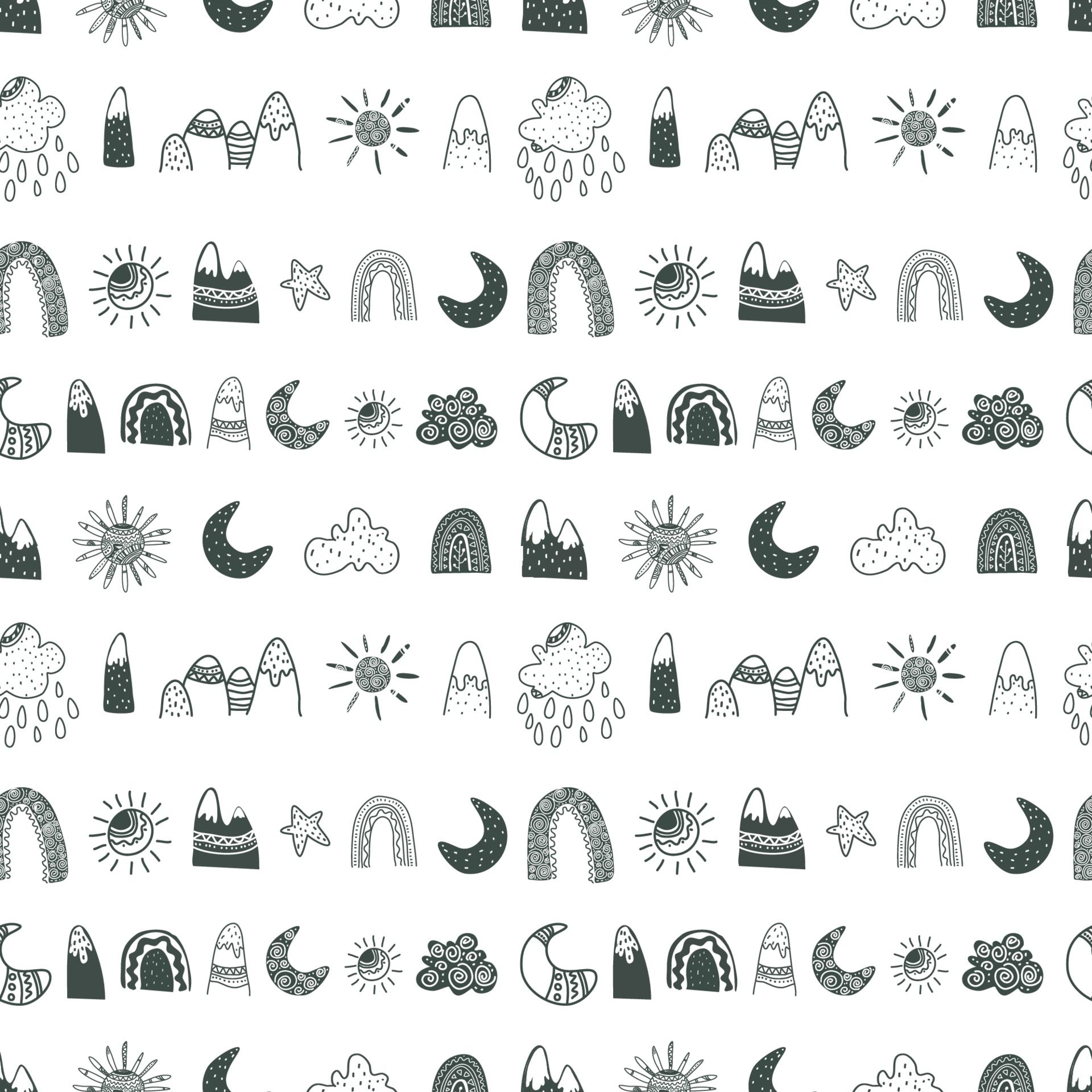 Scandinavian pattern done in mountains, rainbows, sunshine, clouds Free Vector