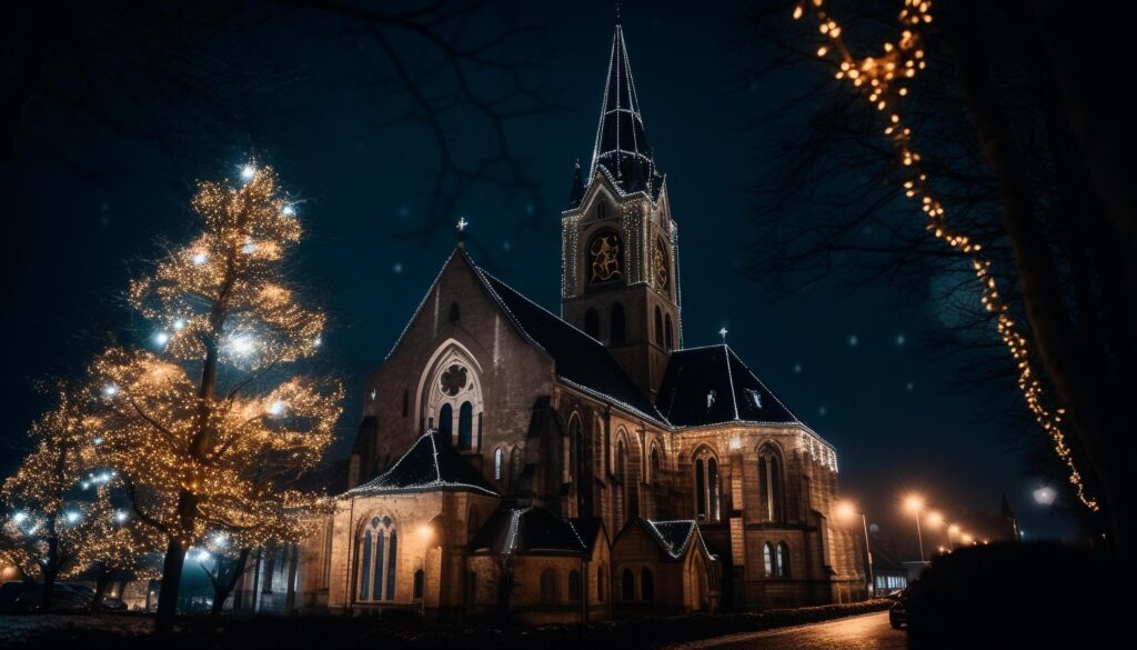 Gothic chapel illuminated by Christmas lights at night generated by AI Stock Free