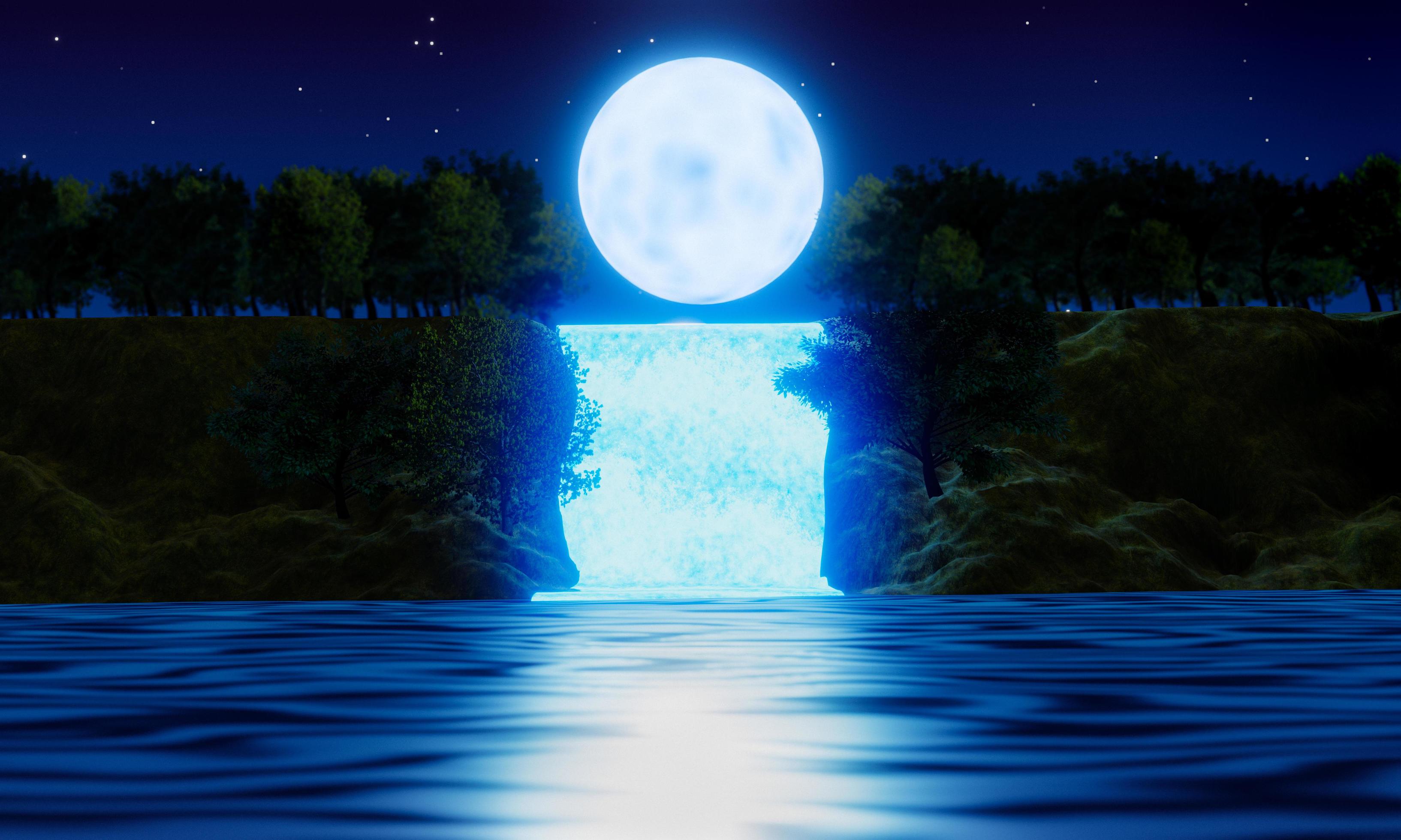 Waterfall cliff. Full moon night. Blue tone. Forest nature. Mountains and waterfalls. Glowing at night. Fantasy style. 3D Rendering. Stock Free