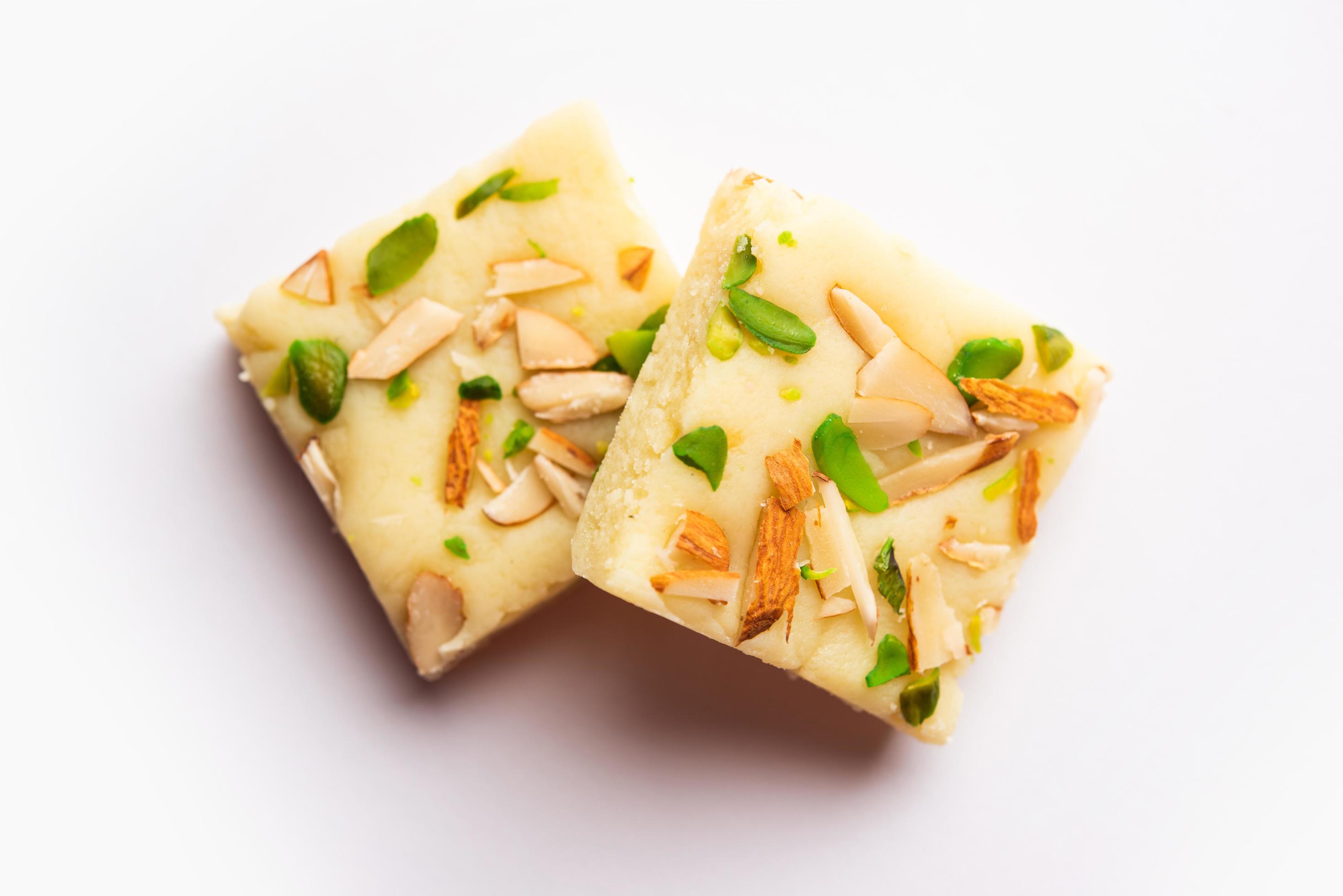 Milk powder barfi also known as Mava burfi, white Khoya burfi or Barfee, Indian Sweet food Stock Free