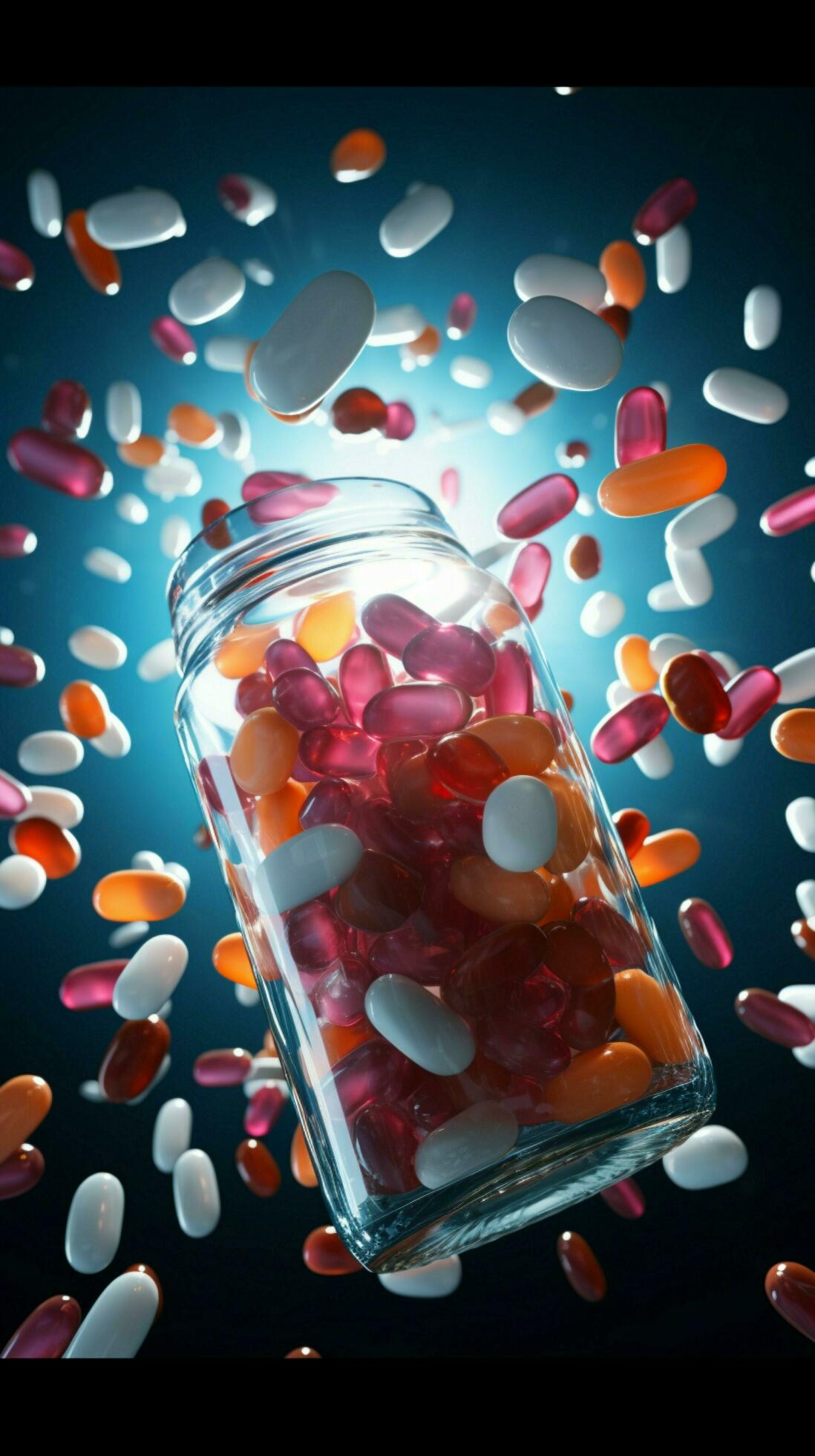 In flight medication pills disperse, a momentary pharmaceutical dance Vertical Mobile Wallpaper AI Generated Stock Free