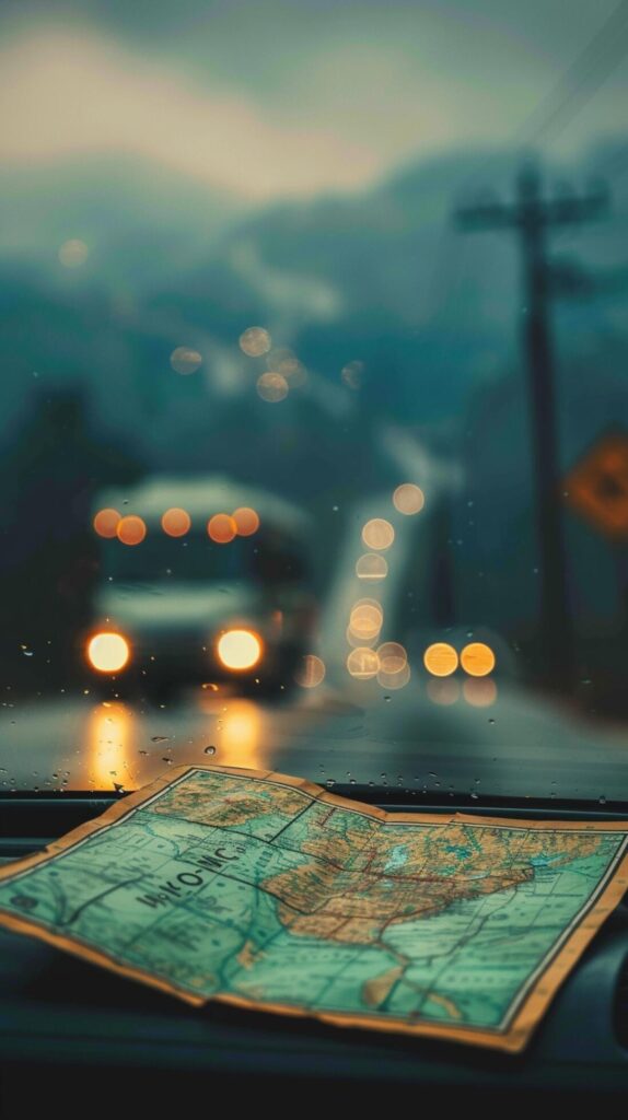 AI generated Traveling by car with map to guide the road trip Vertical Mobile Wallpaper Stock Free