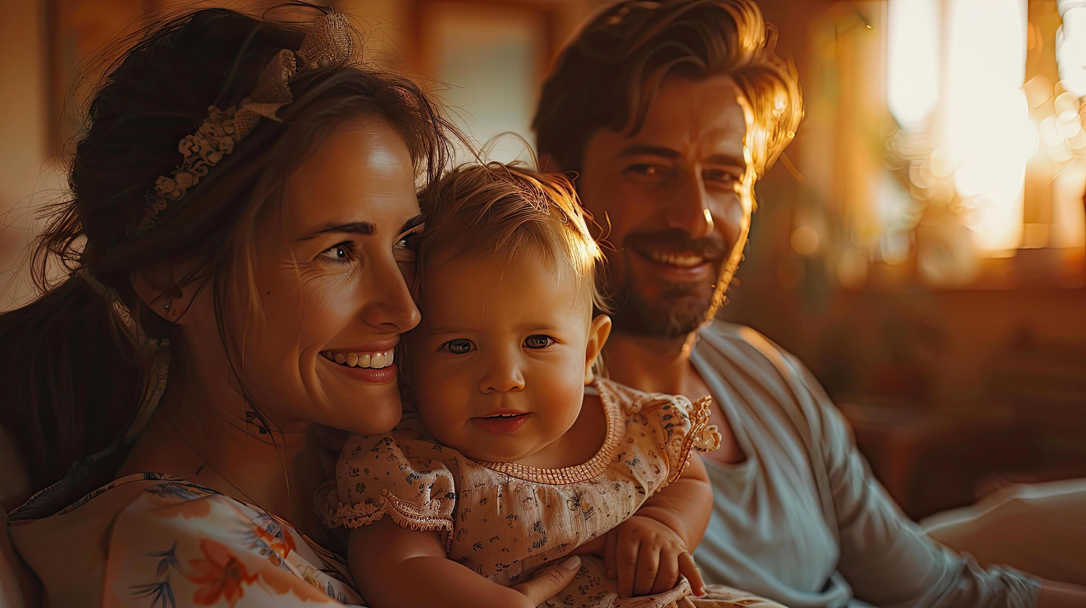 Young beautiful happy family relaxing at home Stock Free