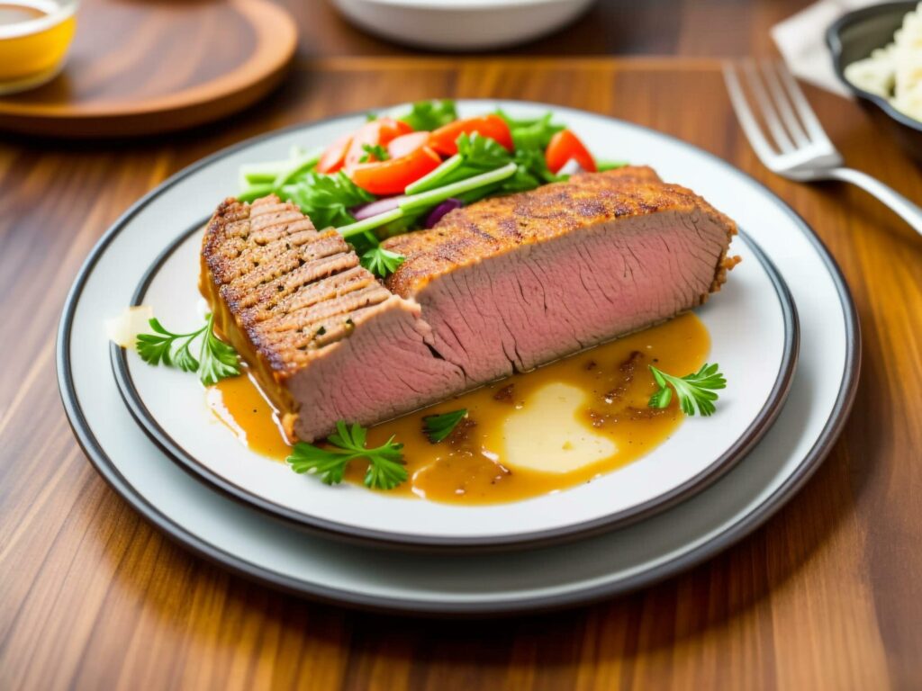 A plate of food with sliced roast beef. Ai generated Image. Stock Free