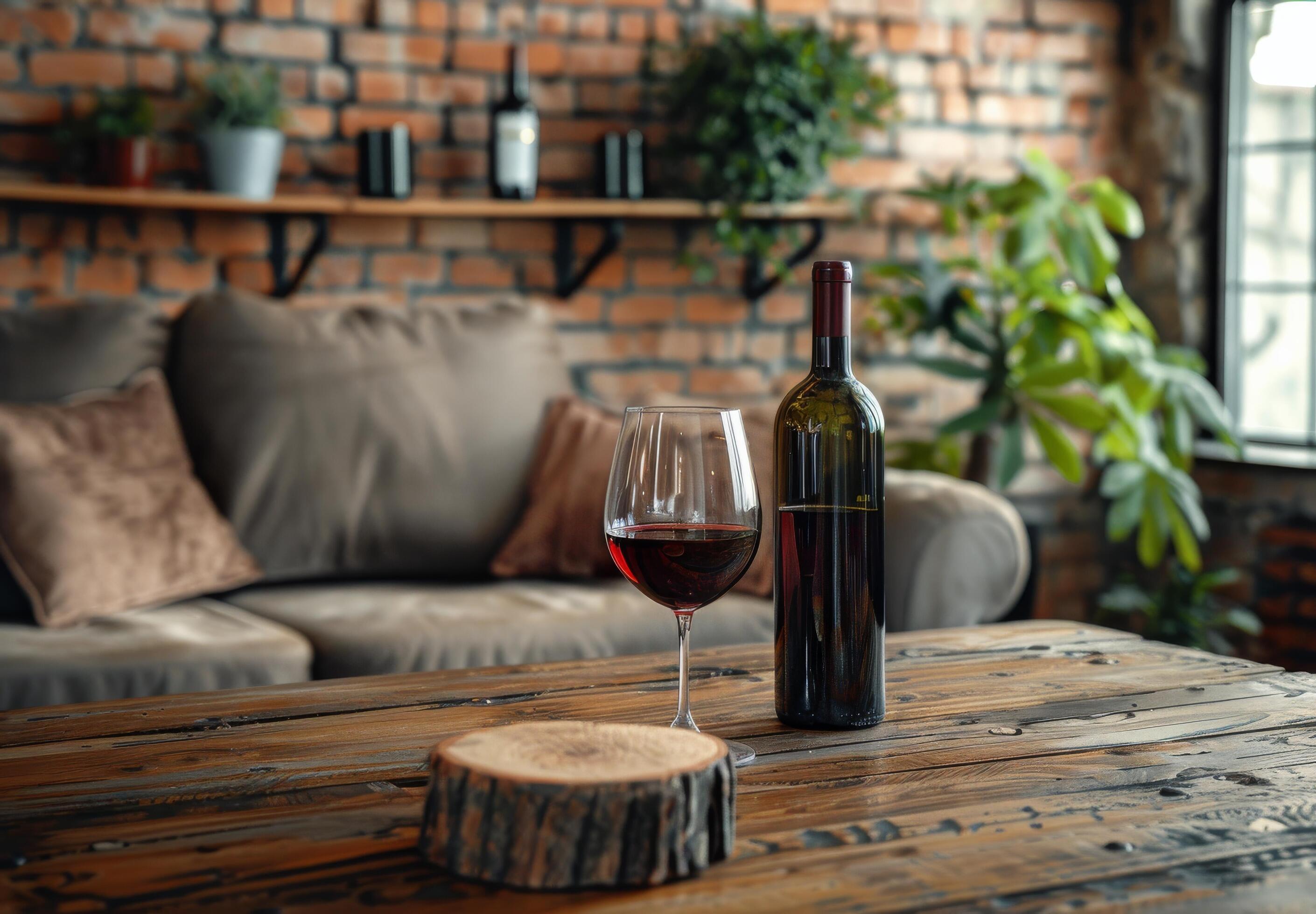 Glass of Red Wine and Bottle on Rustic Wooden Table in Cozy Living Room Stock Free