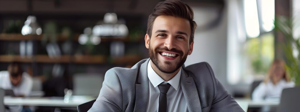 Confident Young Business Professional Smiling with Enthusiasm in Office Environment Stock Free