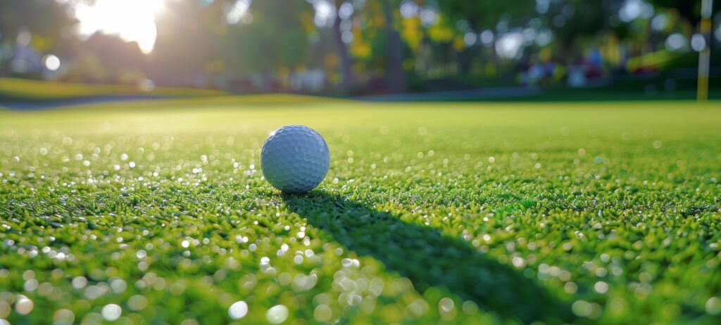 Golf Ball Resting on Green Grass With Sun Shining in Background Stock Free