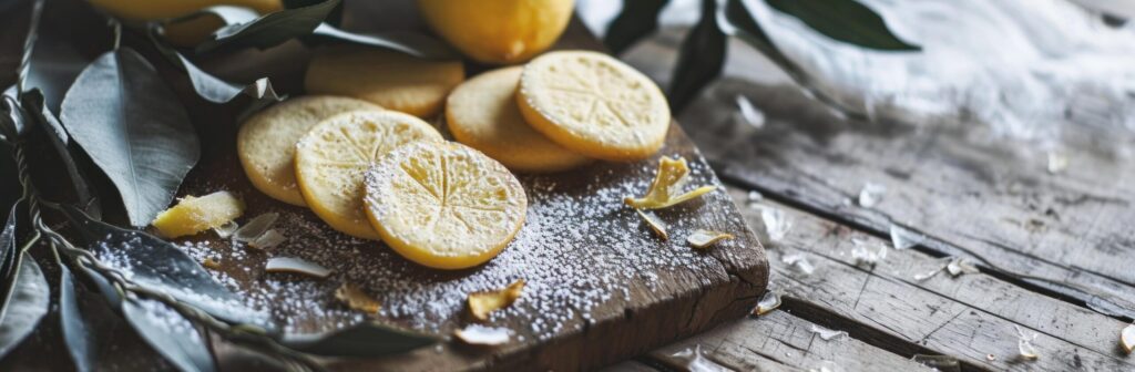 lemon cookies and leaves are placed on a wooden table Free Photo