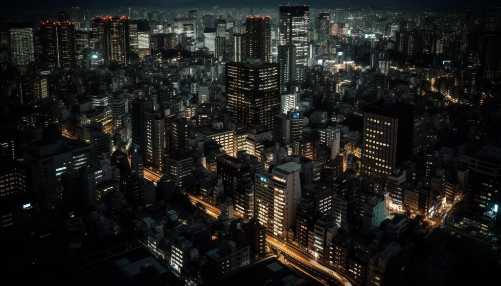 City financial district glows in blue twilight generated by AI Stock Free