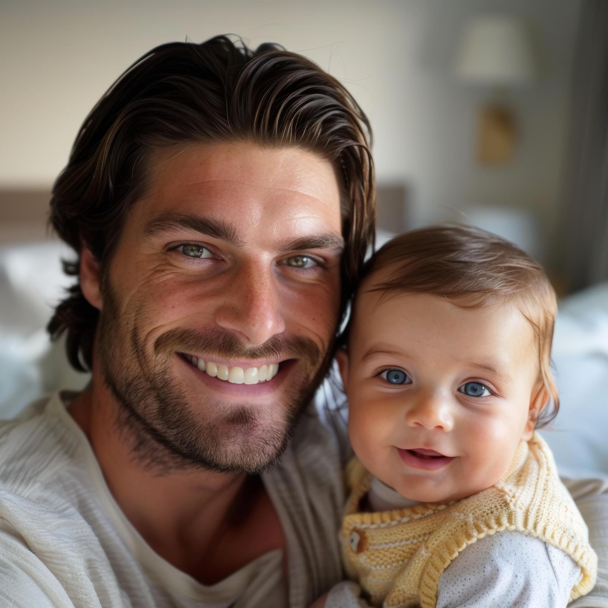 Portrait of smiling man with baby possibly for family-related services or parenting blogs Stock Free