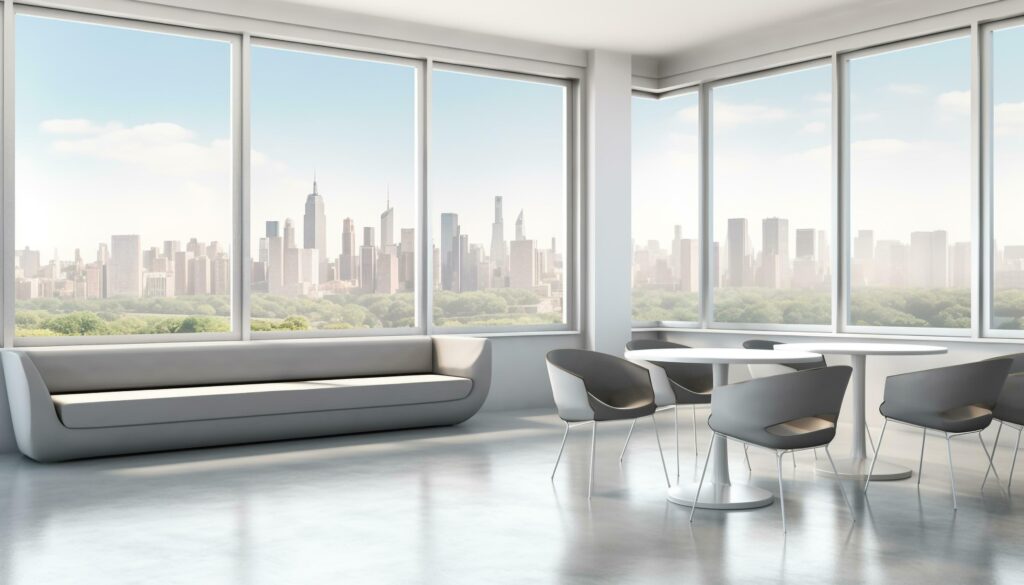 Modern city apartment with panoramic cityscape view from empty window generated by AI Stock Free