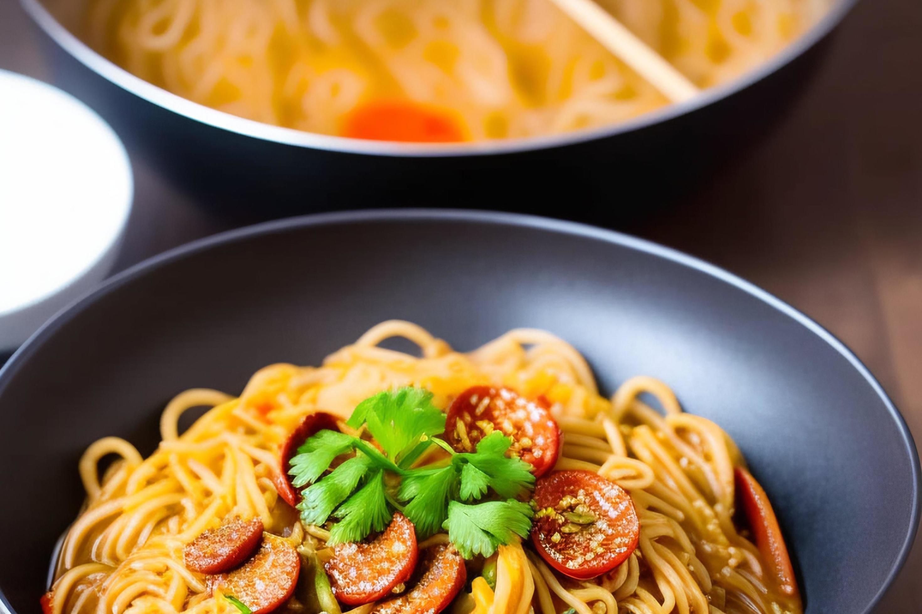 Delicious noodles. Fast food meal with appetizing pasta and chopsticks. Stock Free