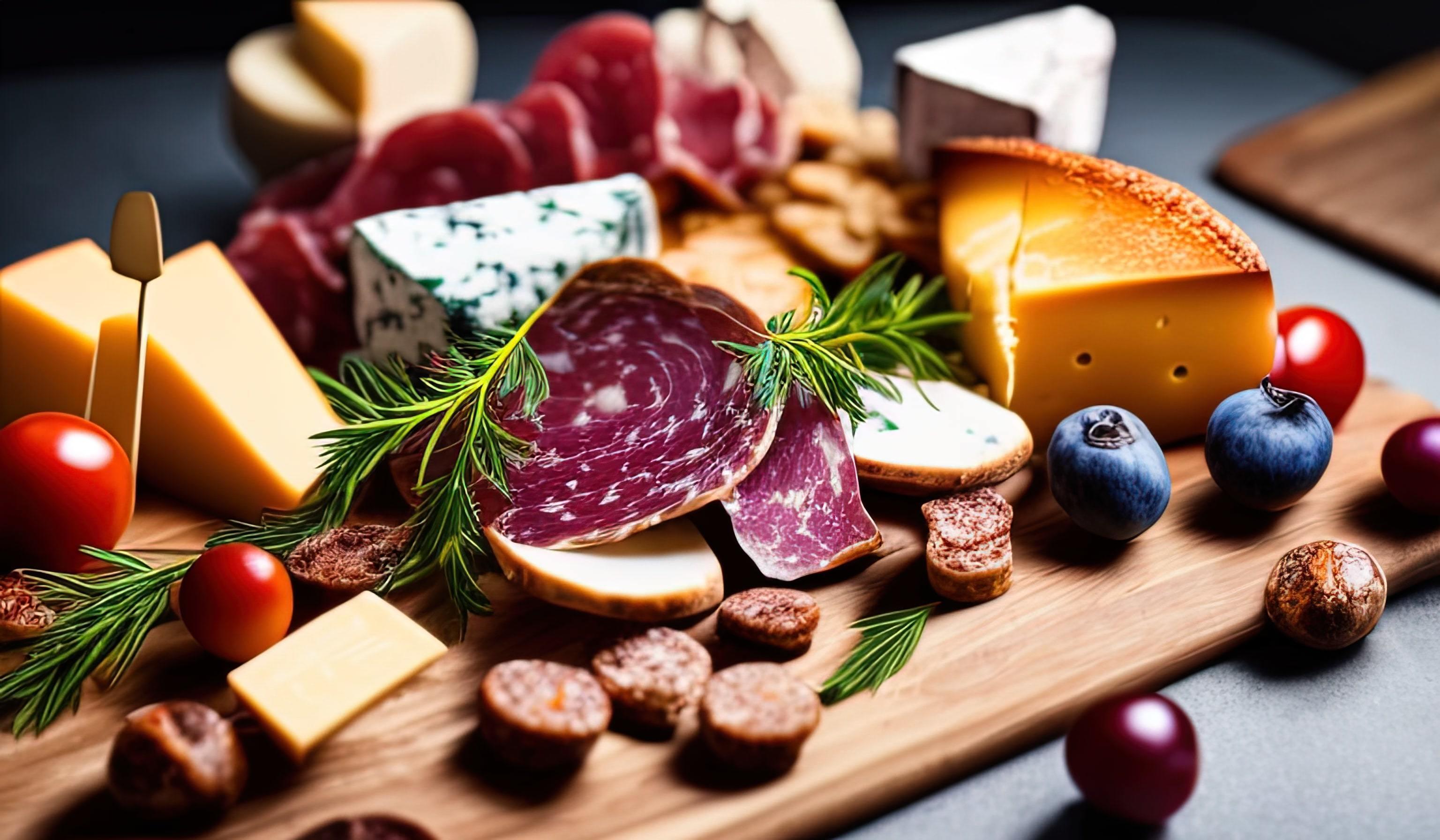 rofessional food photography close up of a Cheese and charcuterie board sitting on top of a table Stock Free