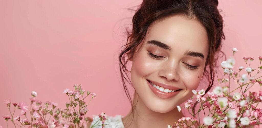 Woman With Pink Flowers Smiling Against a Pink Background Stock Free