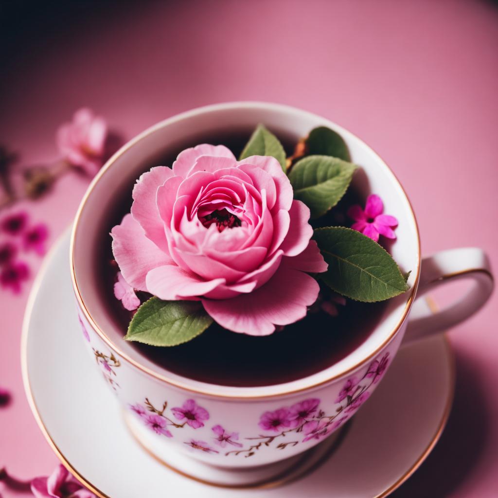 Tea cup, pink, flowers, by @ai_generated