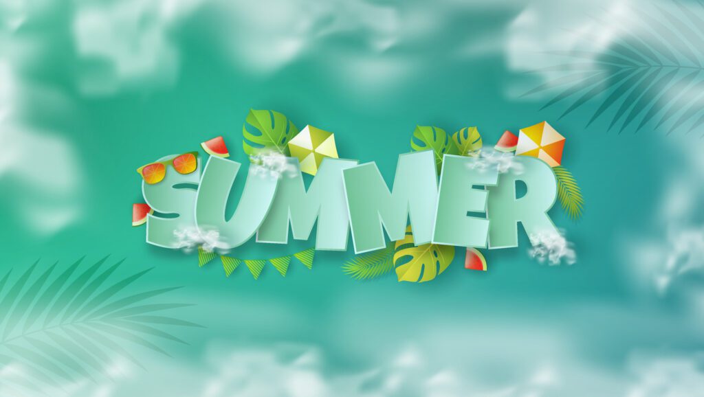 3D Summer text banner design with colorful tropical beach elements on green pattern background for summer. Free Vector