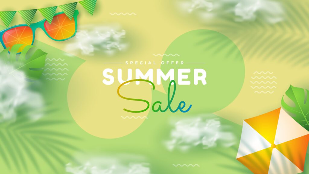 summer sale design against sunny tropical beach 3d background. The layout banner is designed in an attractive style. Free Vector