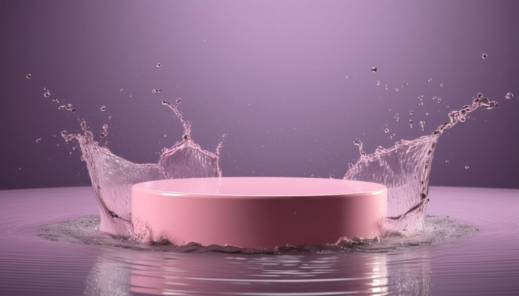 empty pink podium mockup with water splash on a purple gradient background for product display Stock Free