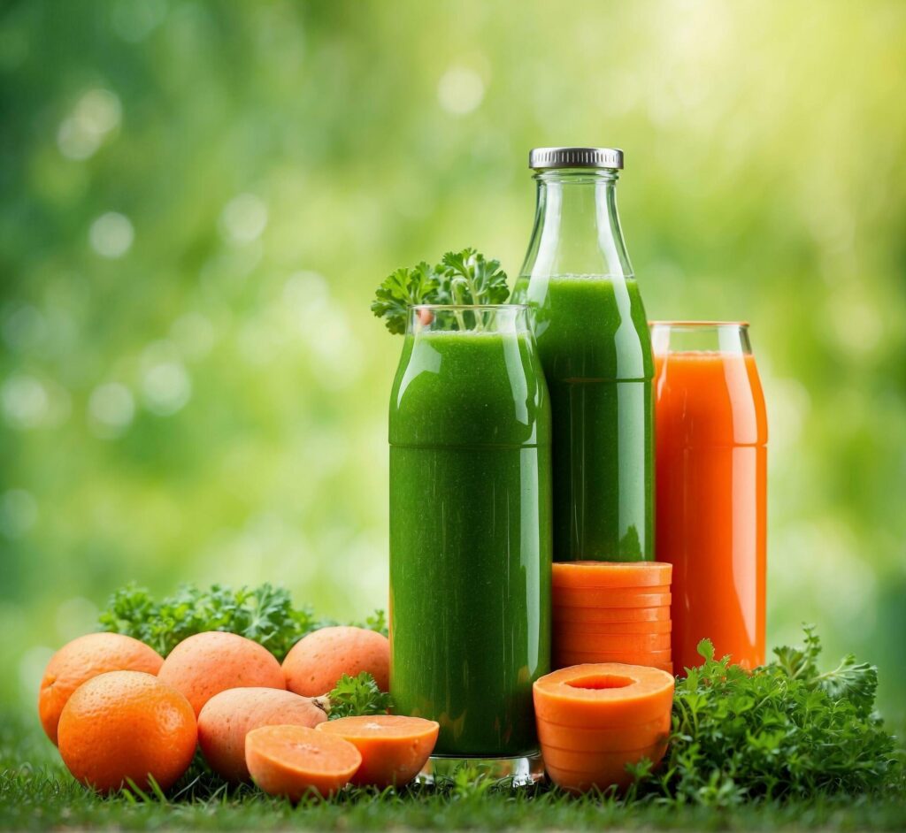 Carrot juice in bottle and glass with fresh fruits on green grass Free Photo