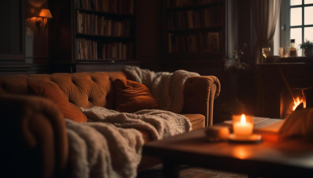 Cozy armchair by candlelight, bookshelf in background generated by AI Stock Free