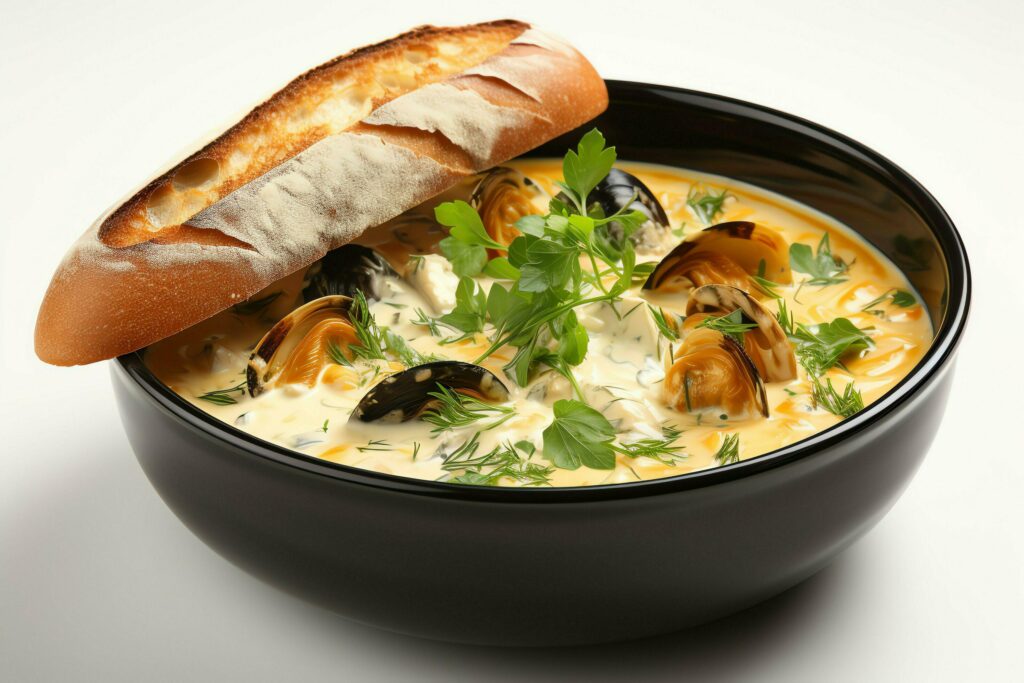 A delicious bouillabaisse soup food in a bowl. Marseille food and healthy protein soup meal concept by AI Generated Stock Free