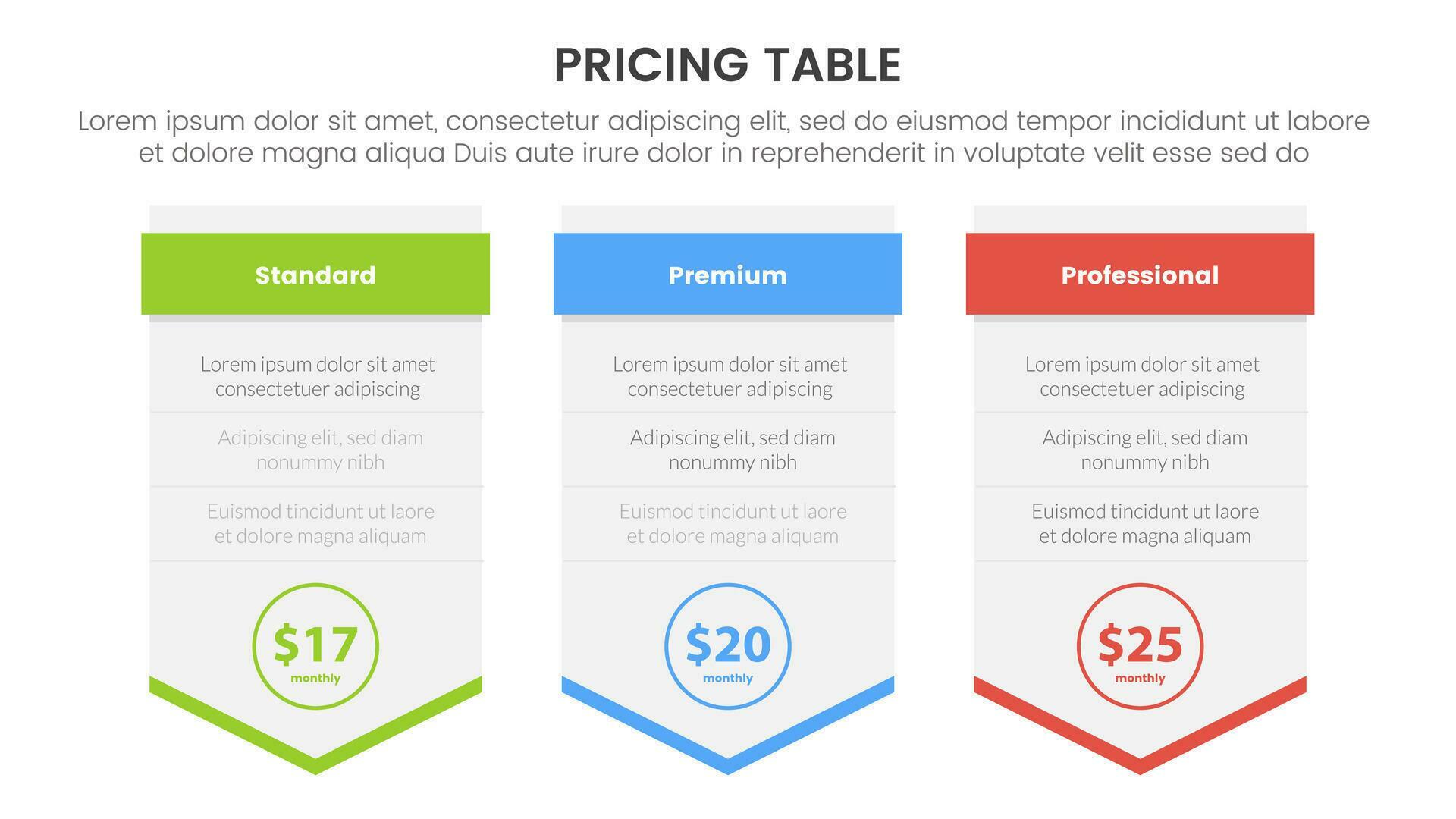 pricing table or price comparison infographic 3 point stage template with big box arrow down direction for slide presentation Stock Free