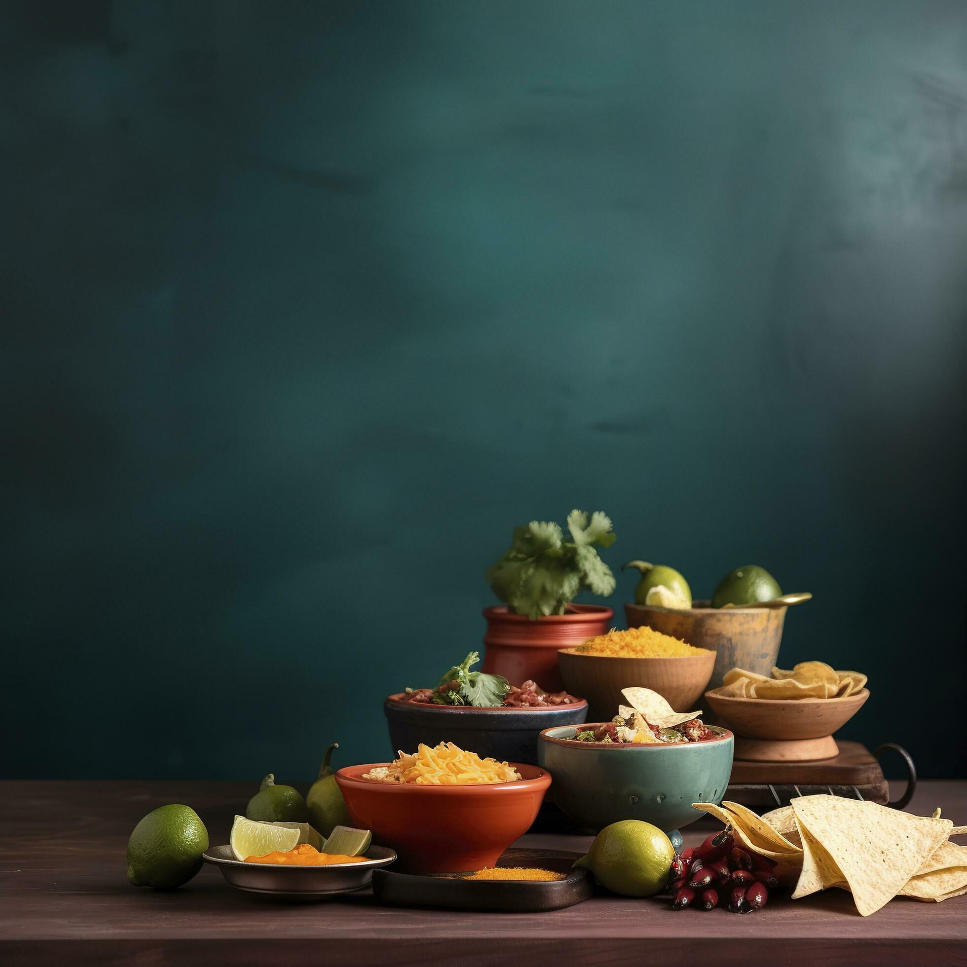 Mexican food corner border, top-down view over a dark banner background. Tacos, quesadilla, burritos and nachos. Copy space, generate ai Stock Free