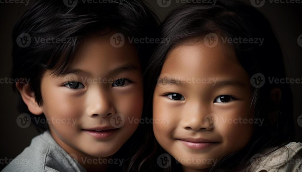 Smiling siblings embrace in close up portrait, radiating childhood happiness generated by AI Pro Photo