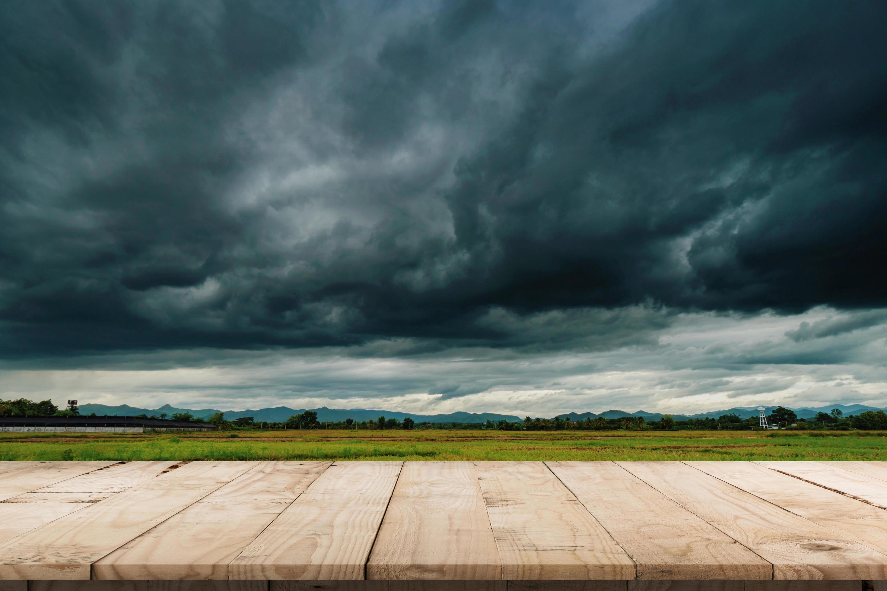 natural-scenic-beautiful-field-storm-clouds-and-empty-wood-table-for-product-display-and-montage-free-photo