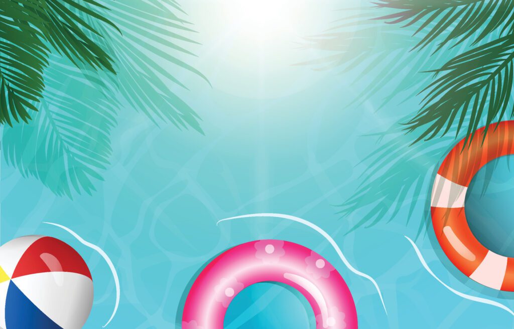 Summer background with palm leaves, lifebuoy and inflatable ring Free Vector