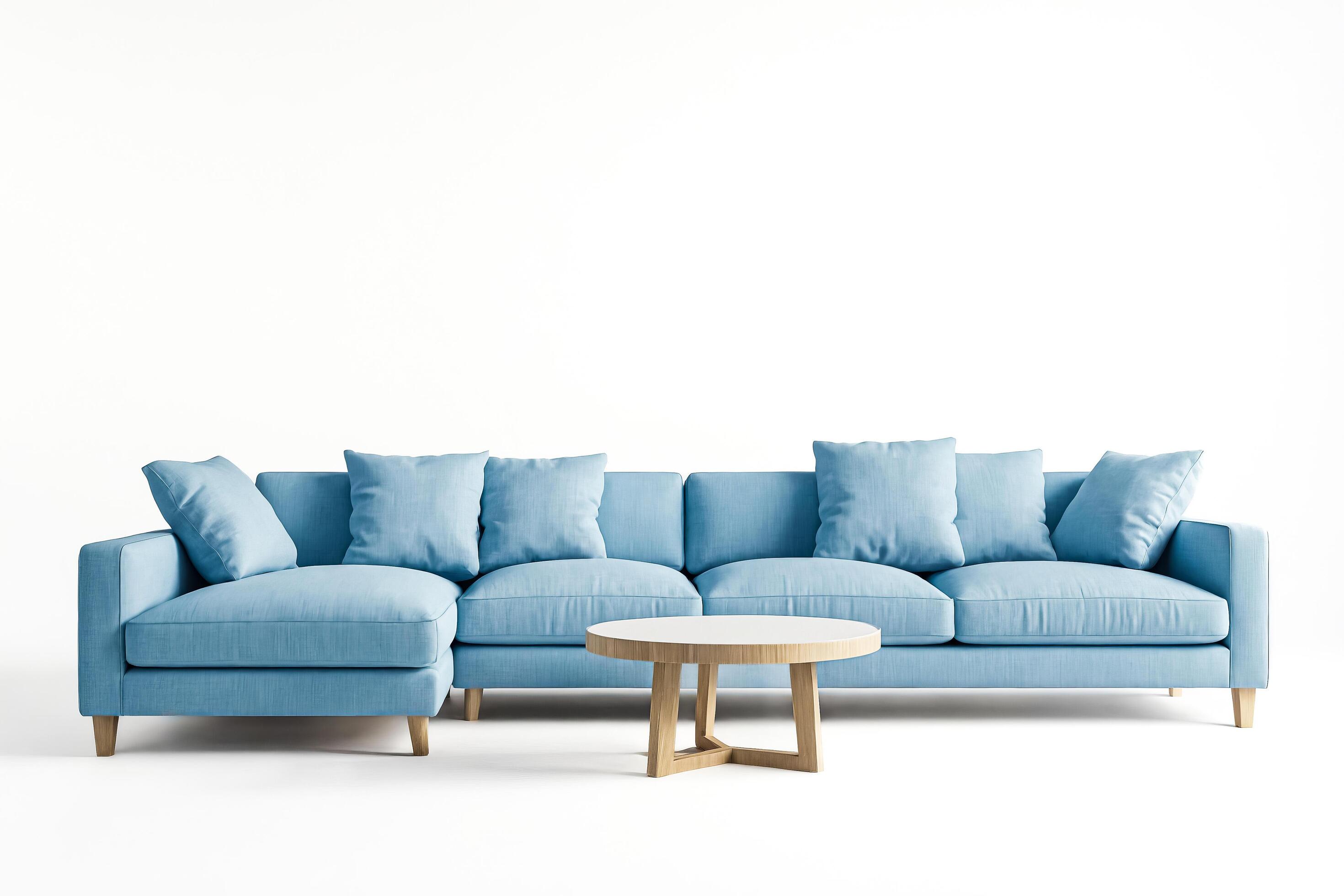 Light Blue Sectional Sofa with Wooden Coffee Table on White Background Stock Free