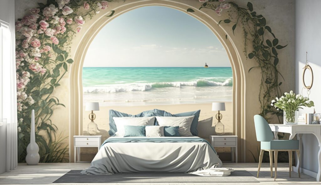 Beach bedroom interior Modern and Luxury vacation with full flower decoration 3d render, Generate Ai Stock Free