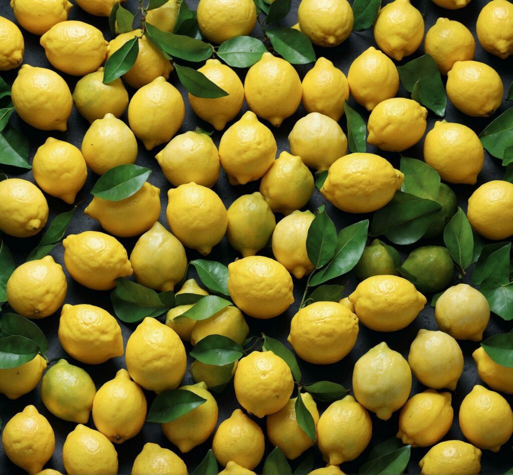 Lemons with green leaves on a dark background, top view Free Photo