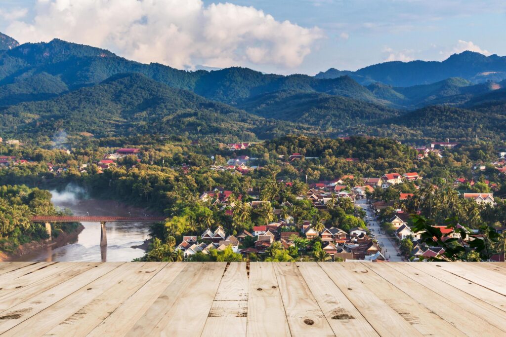 Wood table with Viewpoint and landscape in luang prabang, Laos. Stock Free