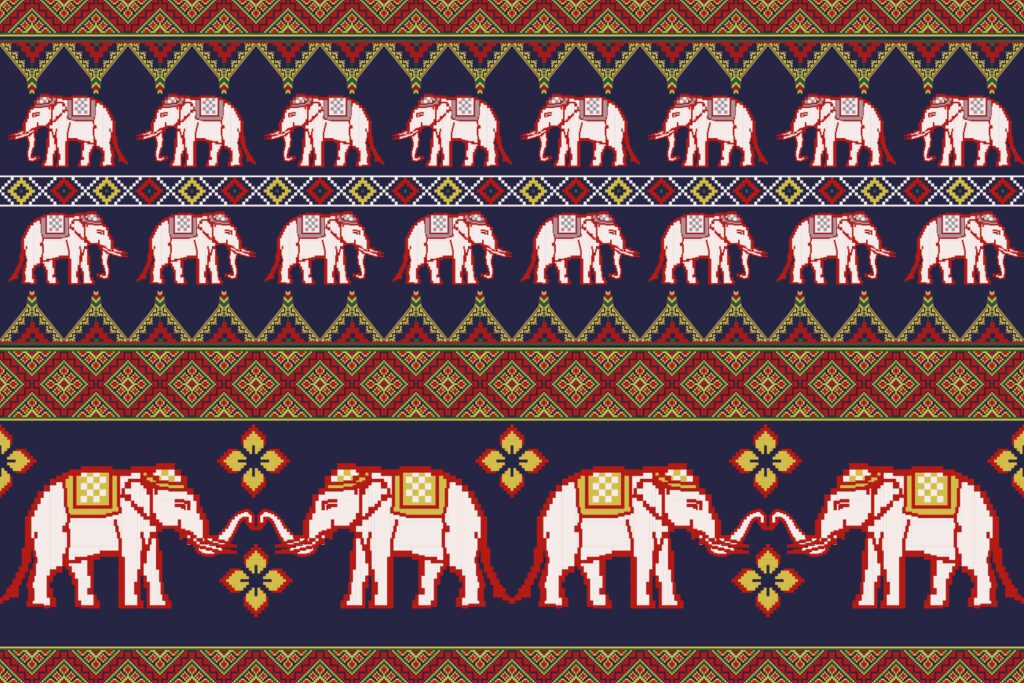 Traditional Thai Elephant Pixel Art Colorful Seamless Pattern. Design for fabric, tile, embroidery, carpet, wrapping, wallpaper, and background Free Vector