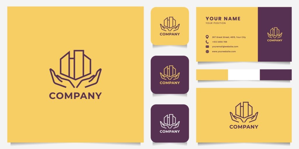 Simple and Minimalist Line Art Hands and Building Logo with Business Card Template Stock Free