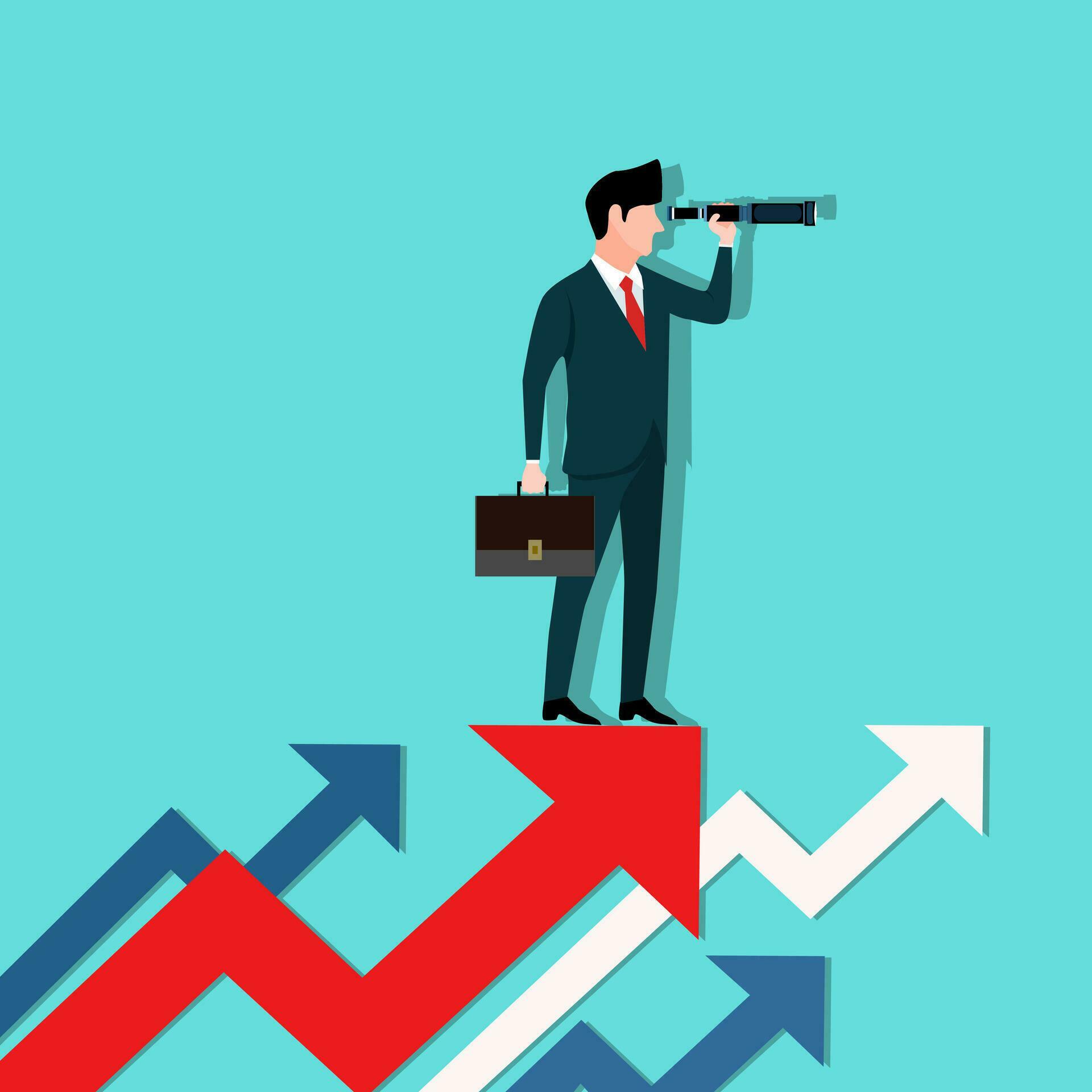 upward arrow and a businessman looking forward through the telescope. A symbol of success Stock Free