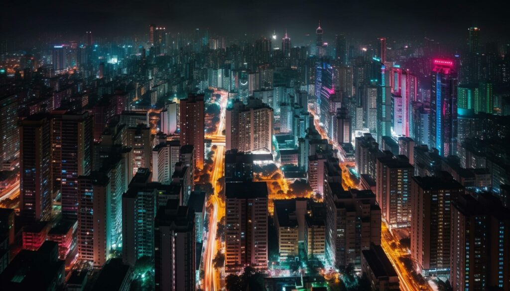 Illuminated skyscrapers light up Beijing futuristic cityscape generative AI Stock Free