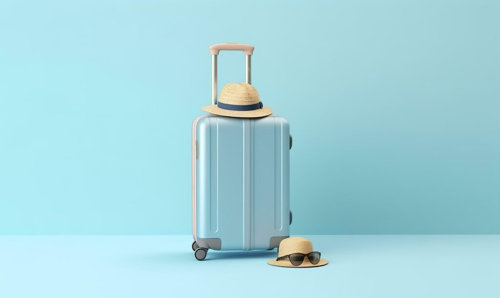 Blue suitcase with sunglasses on a pastel blue background. travel concept. Generative AI Stock Free