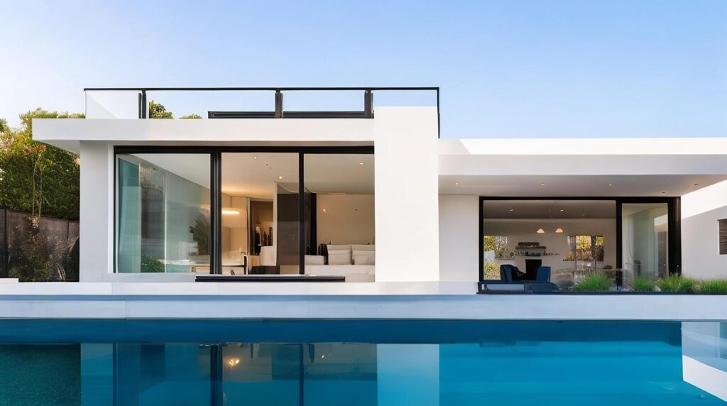 Modern white house with swimming pool Stock Free