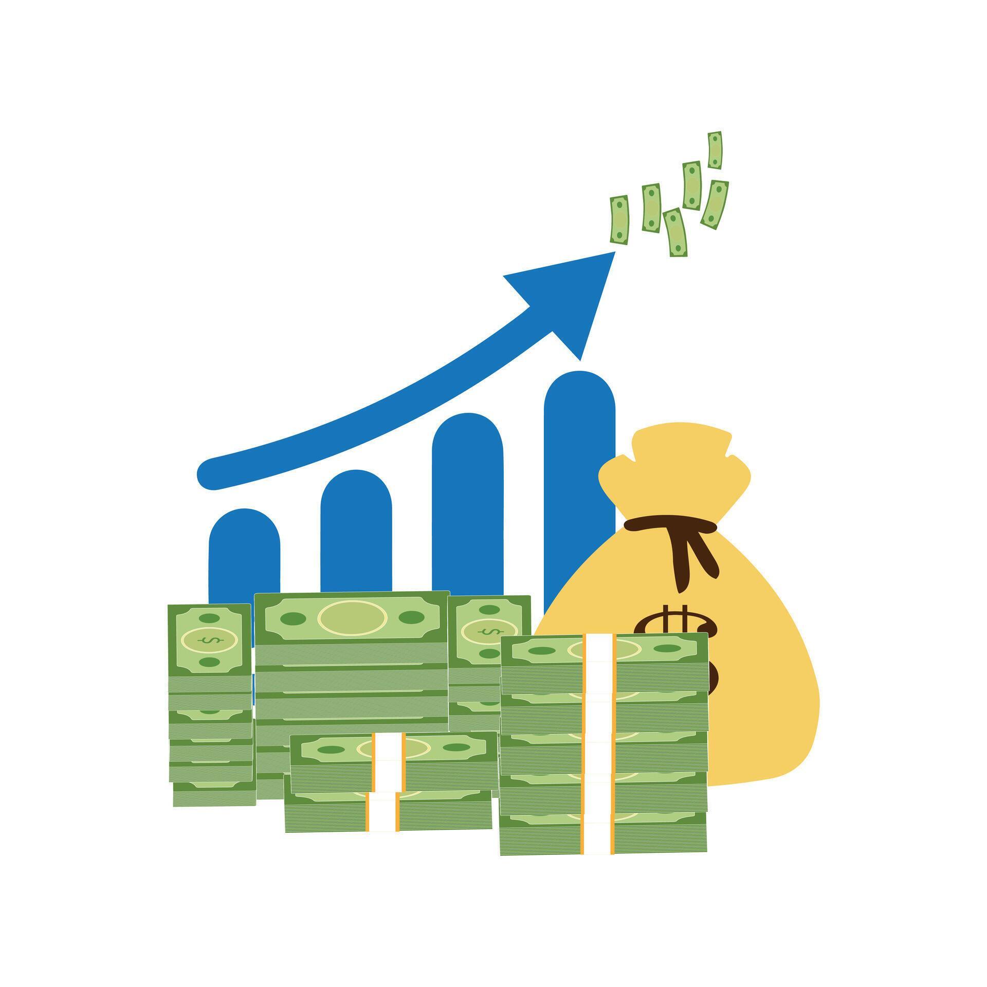 Money bag chart increase, business graph arrow up growth investment. Chart finance income increase growing. vector illustration flat design. Stock Free