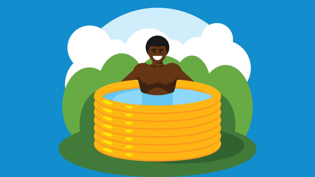 man swims in a inflatable swimming pool flat design and nature in the background Free Vector