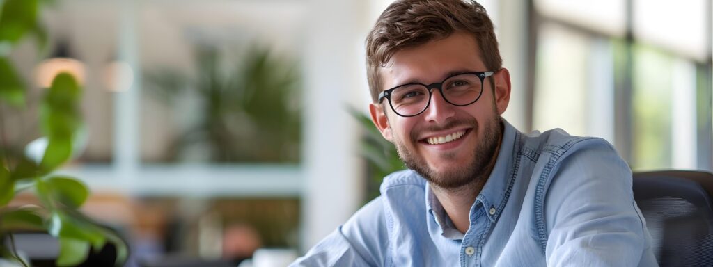 Cheerful Young Business Manager Smiling in Bright Office Stock Free